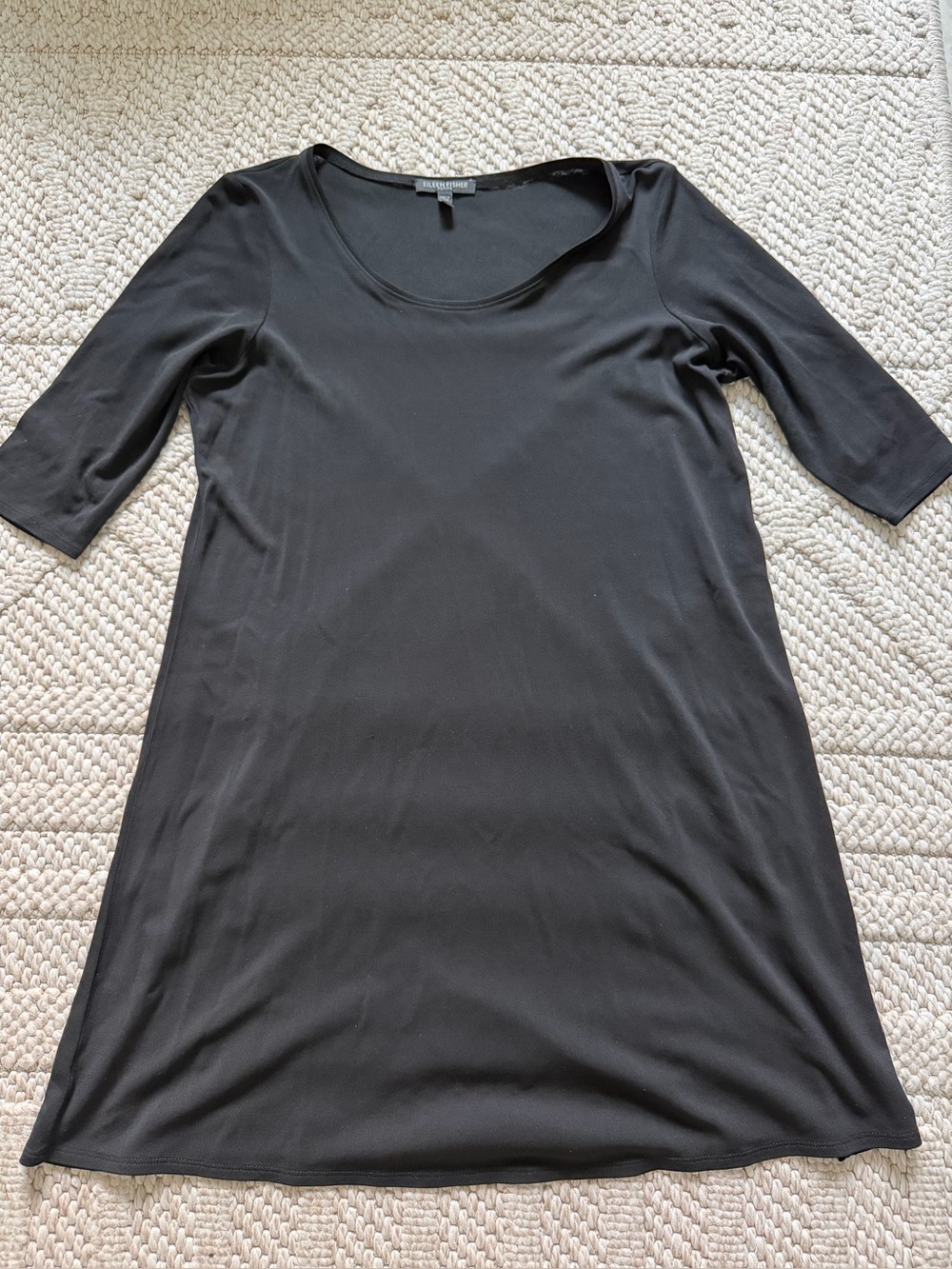 Eileen Fisher 100% silk sheer black mini dress PM Petite Medium